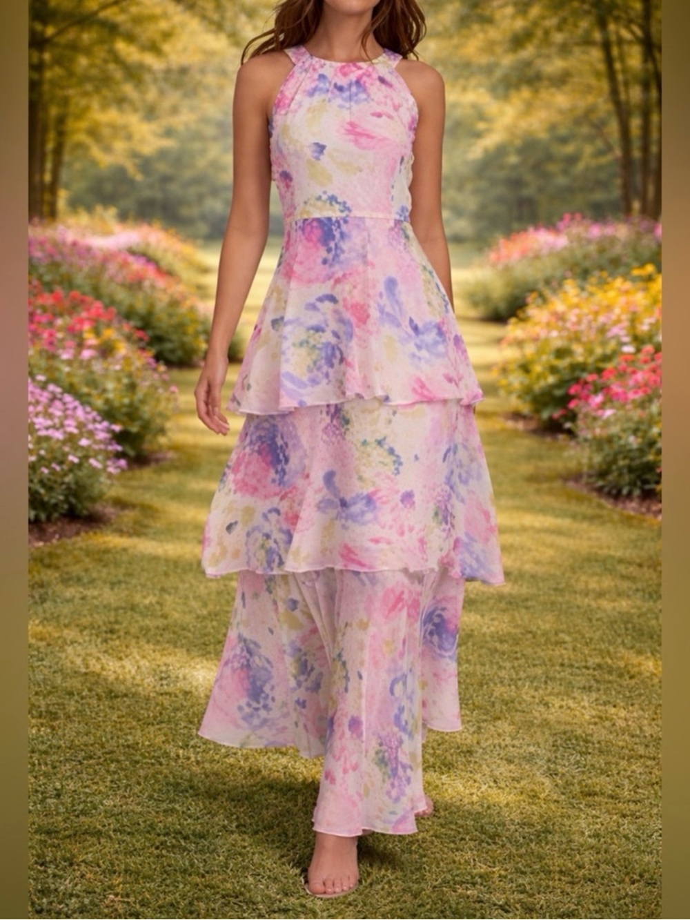 Marc New York Floral Watercolor Tiered Maxi Dress in Pink, Purple, Yellow